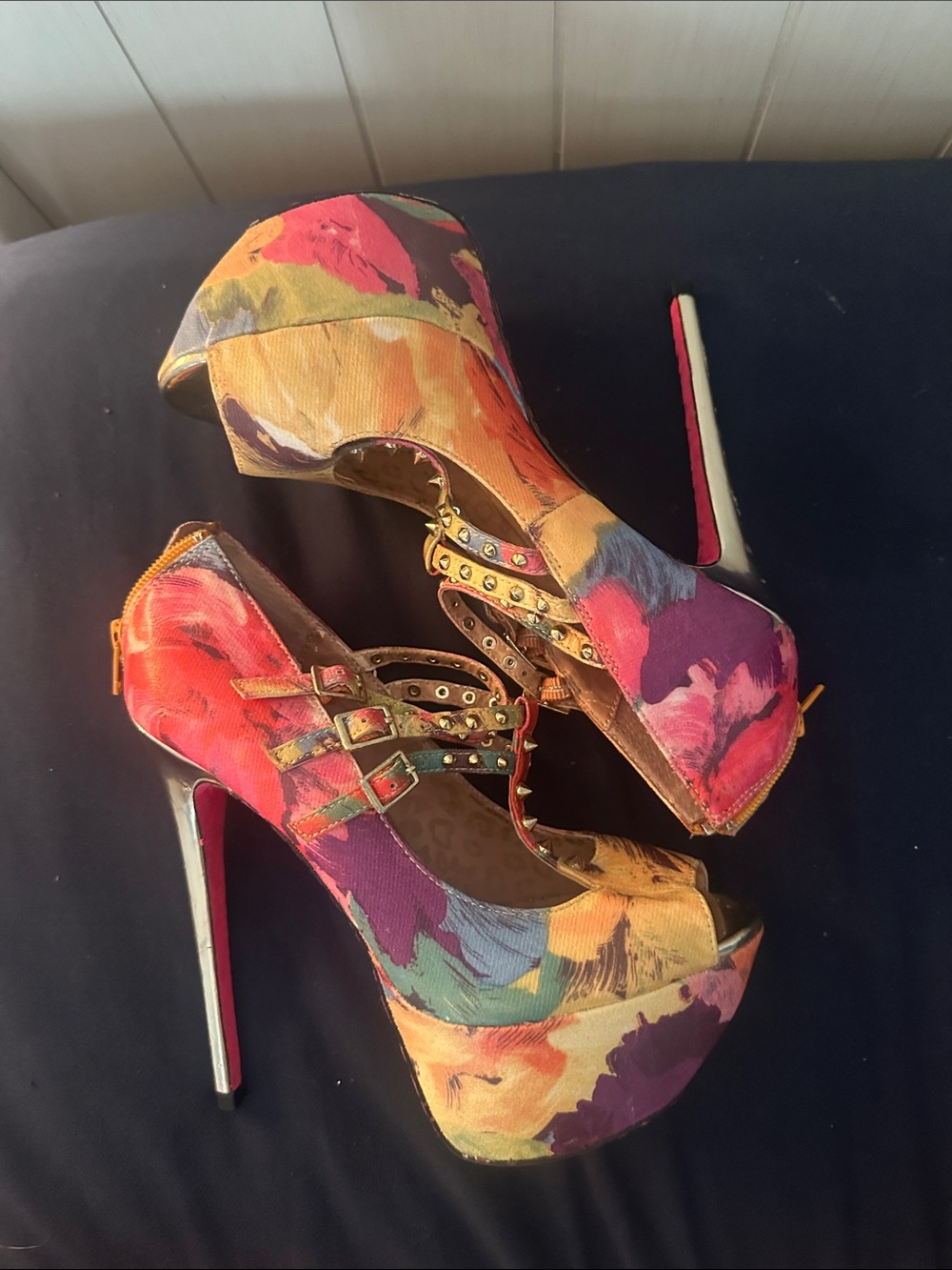 Betsey Johnson Multicolor Floral Peep Toe Platform Heels with Studded Straps - Picture 3 of 5